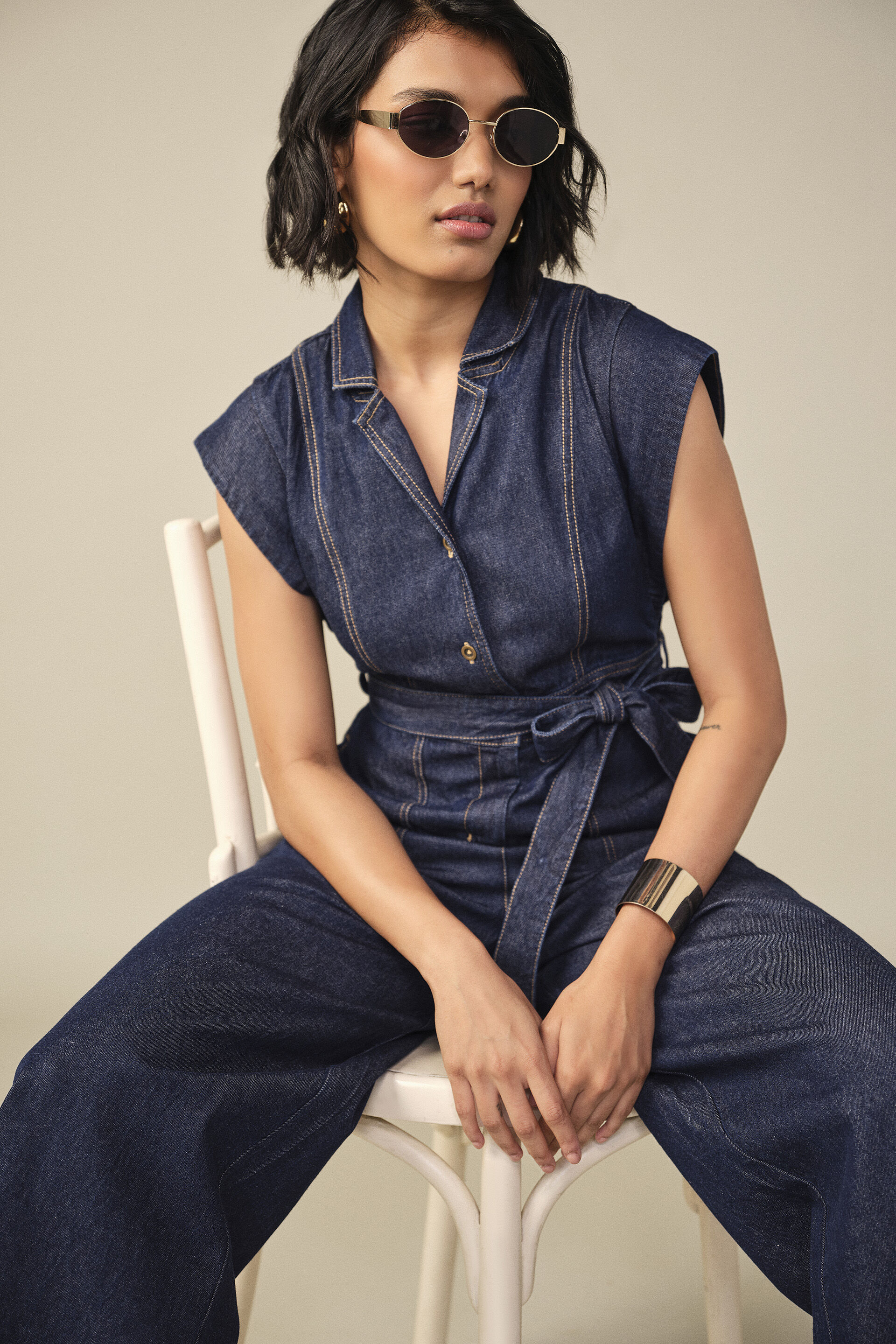 Solid Denim Jumpsuit in Blue, Blue, image 3